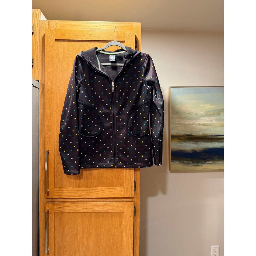 Burton Womens Full Zip Hoodie Black Multi Color Pixel Square Print Fleece M